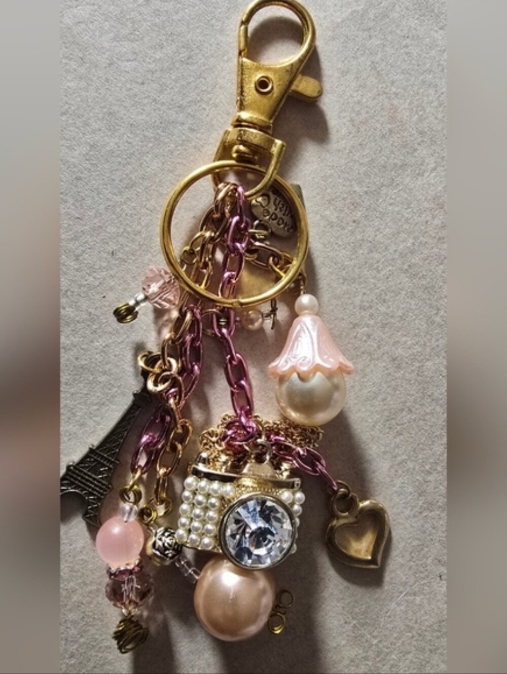 Gold & Pink Pearl Camera Charm Keychain/Purse Charm One Of A Kind Handcrafted - Picture 3 of 11